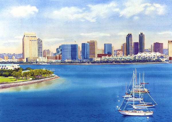 San Diego Art Print featuring the painting San Diego Skyline with Meridien by Mary Helmreich