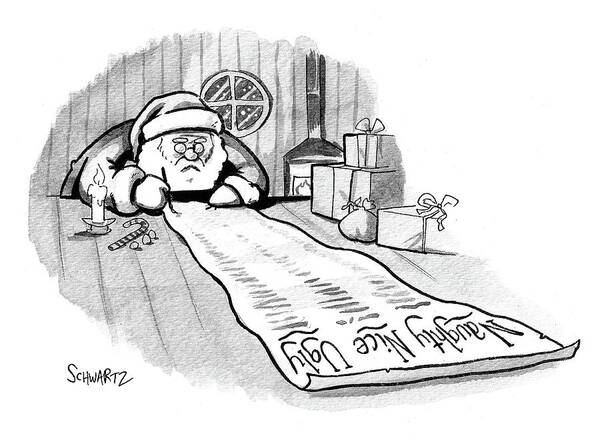 Cartoon Art Print featuring the drawing Santa Writing A List by Benjamin Schwartz