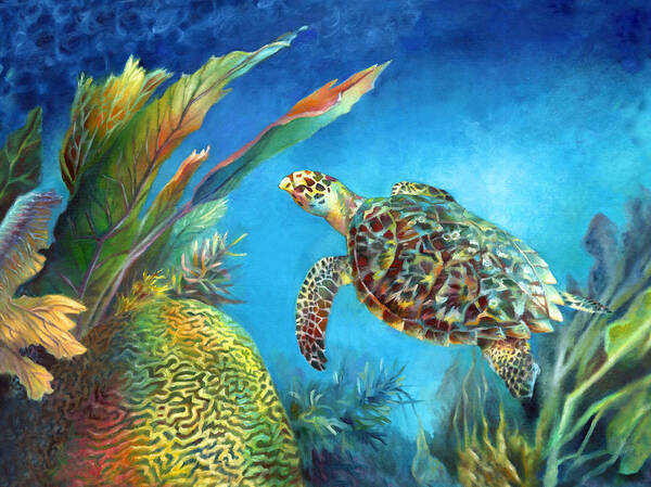 Turtle Art Print featuring the painting Sea eScape IV - Hawksbill Turtle Flying Free by Nancy Tilles