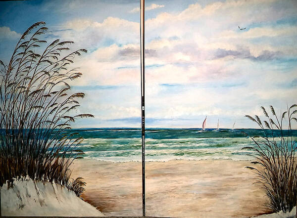 Beaches Art Print featuring the painting Seaoats on the beach by Arlen Avernian - Thorensen