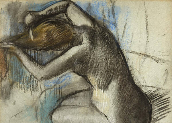 Degas Art Print featuring the drawing Seated Nude Woman Brushing her Hair by Edgar Degas