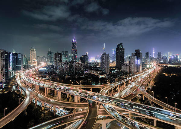 Built Structure Art Print featuring the photograph Shanghai, Busy Road Intersection At Dusk by Martin Puddy