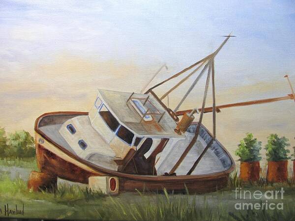 Old Abandoned Shrimp Boat Art Print featuring the painting Shipwrecked Ike II by Barbara Haviland