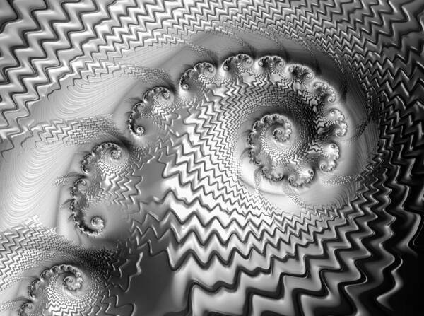 Silver Art Print featuring the digital art Silver fractal spirals and waves glossy metal by Matthias Hauser