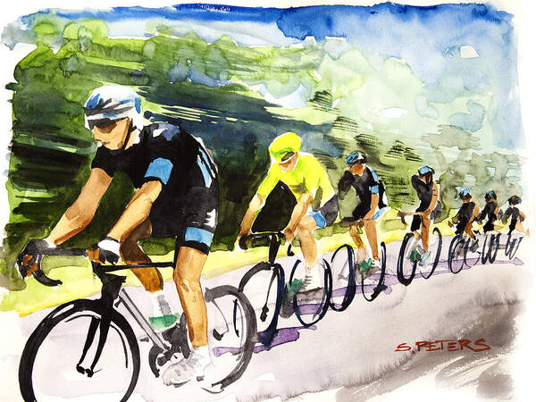 Le Tour De France Art Print featuring the painting Sky Blue with Yellow by Shirley Peters