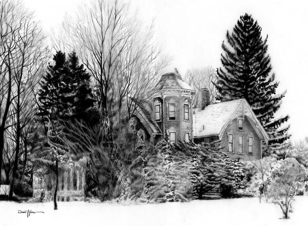 Pencil Art Print featuring the drawing DA196 Snow House by Daniel Adams by Daniel Adams