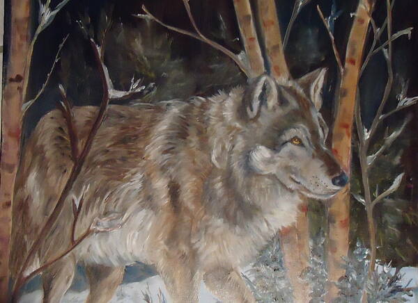 A Wolf In The Snow Surrounded By Trees. Browns Art Print featuring the painting Snow Wolf by Charme Curtin