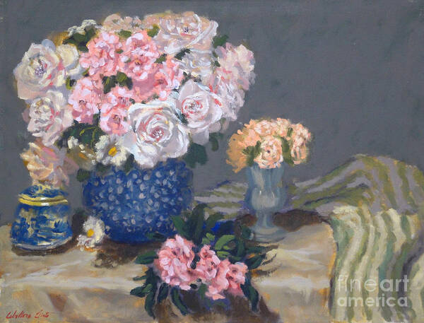 Still Life Arrangements Art Print featuring the painting Spring in a blue vase by Monica Elena