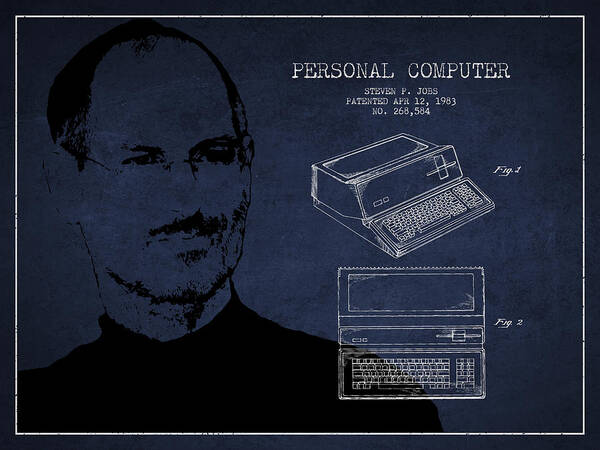 Steve Jobs Portrait Art Print featuring the digital art Steve Jobs Personal Computer Patent - Navy Blue by Aged Pixel