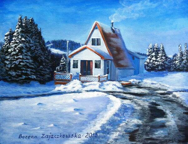 Landscape Art Print featuring the painting Sunny Winter Day by The Cabin by Bozena Zajaczkowska