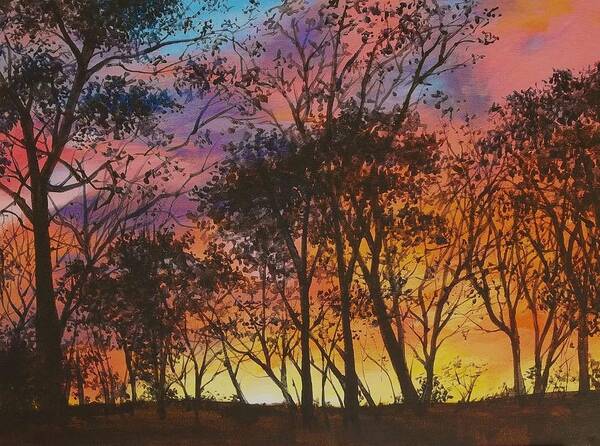 Walt Maes Art Print featuring the painting Sunset Ablaze Through The Trees by Walt Maes