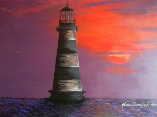 Church Art Print featuring the painting Sunset and Lighthouse by Joetta Beauford