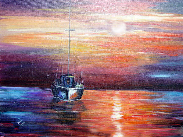 Beach Art Print featuring the painting Sunset with Boat by Dorothy Maier