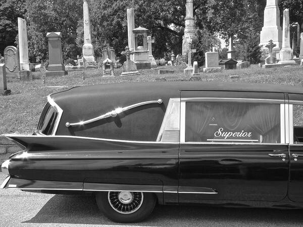 Superior Hearse Laurel Hill Cemetary Philadelphia Pa Car Show Black White Art Print featuring the photograph Superior by Alice Gipson