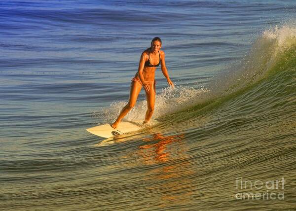 Surfing Art Print featuring the photograph Surfer At Sun Glow by Deborah Benoit