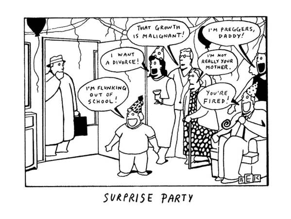 Trends Art Print featuring the drawing Surprise Party by Bruce Eric Kaplan