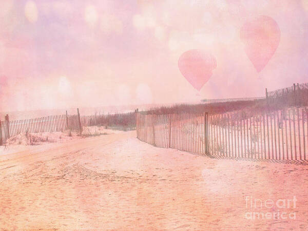 Pink Art Print featuring the digital art Surreal Dreamy Pink Coastal Summer Beach Ocean With Balloons by Kathy Fornal