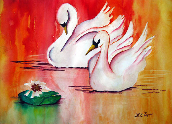 Swans Art Print featuring the painting Swans in Love by Lil Taylor