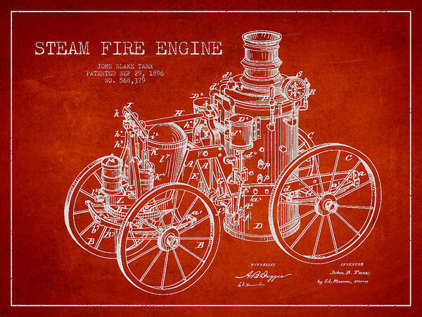 Steam Engine Art Print featuring the digital art Tarr Steam Fire Engine Patent Drawing from 1896 - Red by Aged Pixel