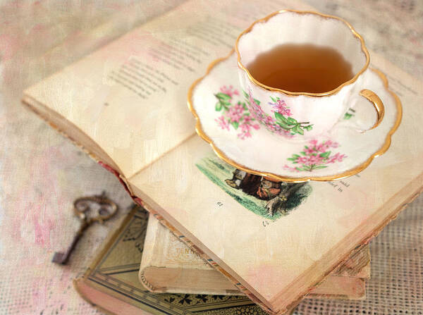 Teacup Art Print featuring the photograph Tea Cup and Vintage Books by June Marie Sobrito