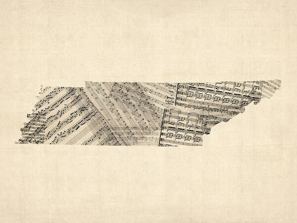 Tennessee Art Print featuring the digital art Tennessee Map Sheet Music by Michael Tompsett