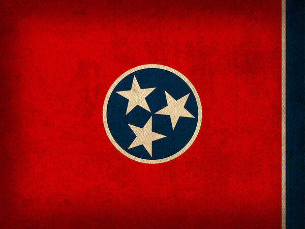 Tennessee Art Print featuring the mixed media Tennessee State Flag Art on Worn Canvas by Design Turnpike