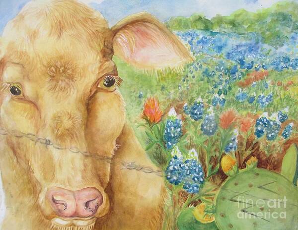 Texas Art Art Print featuring the painting Texas Hill Country Cow by Lynn Maverick Denzer