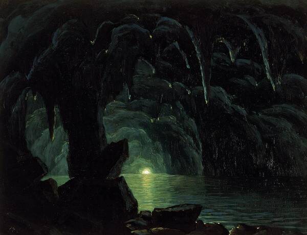 The Blue Grotto Art Print featuring the painting The Blue Grotto by Albert Bierstadt