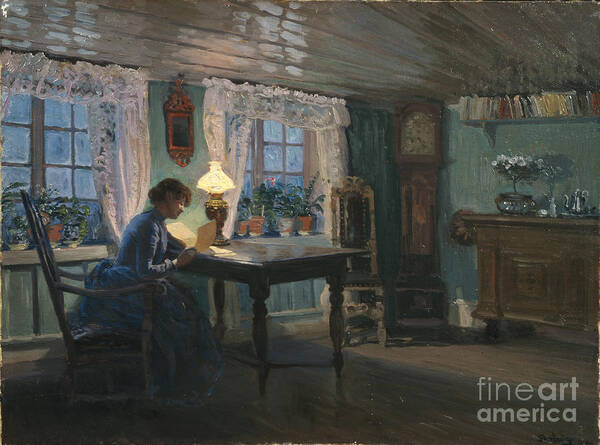 Christian Skredsvig Art Print featuring the painting The blue living room at Fleskum by Christian Skredsvig