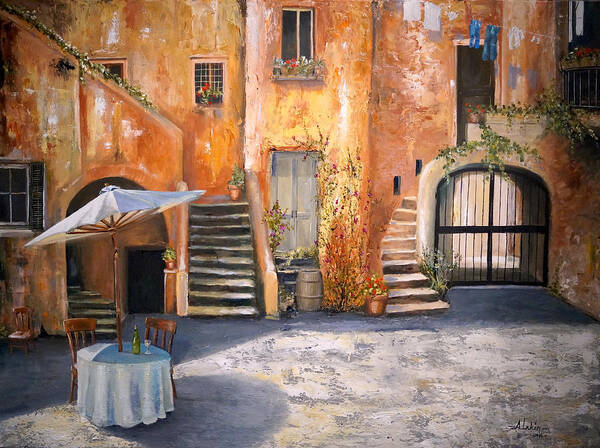 Rome Art Print featuring the painting The Courtyard by Alan Lakin