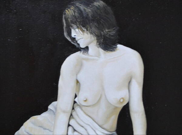 This Is A Painting Of A Topless Woman With A Towel Around Her Waist. The Painting Is Done In Black And White And Some Light Colors Of Brown. I Wanted The Painting To Look Like A Photo Taken In The Early 1900's.  Art Print featuring the painting The Gray Nude by Martin Schmidt