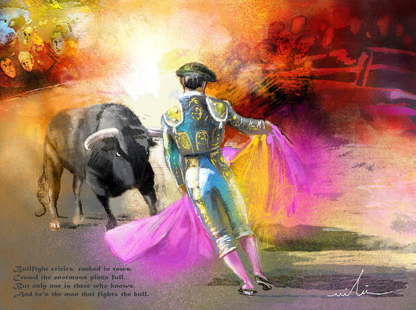 Bulls Art Print featuring the painting The Man Who Fights The Bull by Miki De Goodaboom