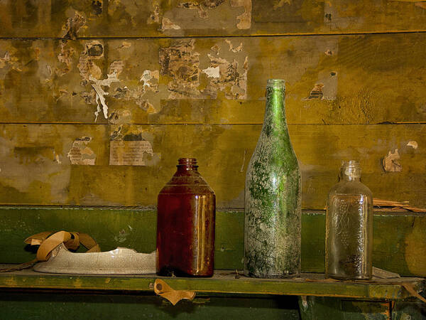 Bottles On Mantel Art Print featuring the photograph Three Bottles on a Mantel by Sandra Anderson