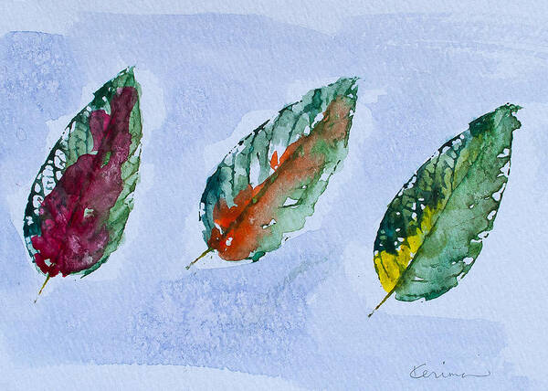 Leave Art Print featuring the painting Three Leaves by Kerima Swain