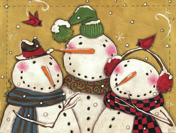 Bird Art Print featuring the painting Three Snowmen by Anne Tavoletti