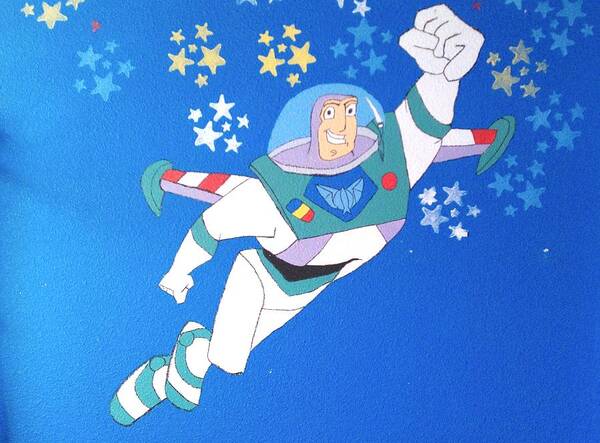 Disney Buzz Lightyear Painting Of Flying In The Stars. Original Mural Made In 2004. Photograph Taken And Transferred To Canvas In 2012. Art Print featuring the painting To infinity by Laurie Dedmon