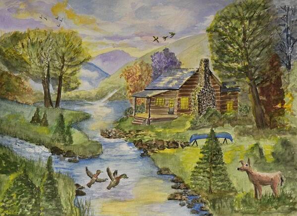 Linda Brody Art Print featuring the painting Tranquil Log Cabin by Linda Brody