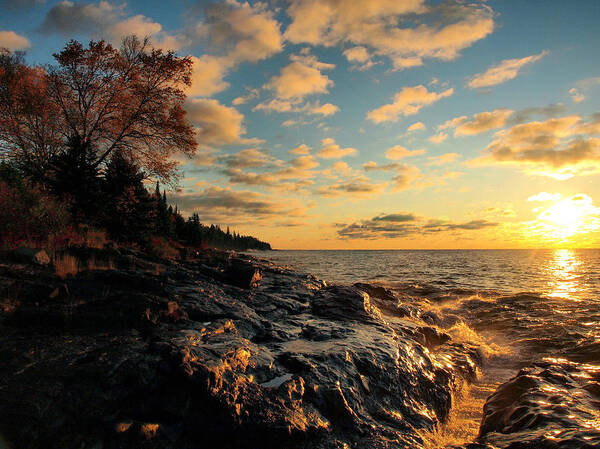 James Peterson Nature Photography North Shore Woods Lake Superior Great Lakes Landscape Landscapes Big Water Freshwater Dawn Morning Sun Sunshine Reflective Reflection Reflections Beautiful Stone Stones Rock Rocks Rocky Shore Shoreline Shorelines Orange Gold Golden Cloudy Cloud Clouds Weather Fall Autumn Color Colors Northern Mn Minnesota Sunrise Sunrises Tranquility Tranquil Peaceful Cascade River State Park Parks Lava Basalt Lodge Inland Sea Granite Geology Geological Gichigami Art Print featuring the photograph Tranquility by James Peterson