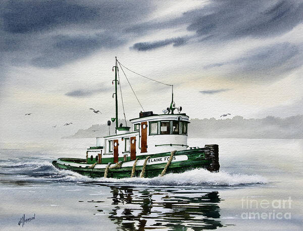 Tugboat Art Art Print featuring the painting Tugboat ELAINE FOSS by James Williamson
