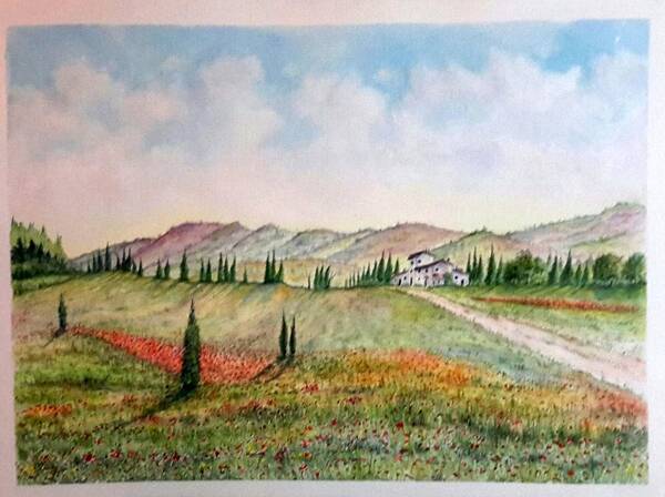 Poppies Mountains Farm House Art Print featuring the painting Tuscany 2 SOLD by Richard Benson