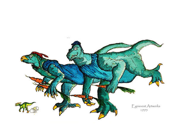 Child Art Print featuring the painting Two Dinos on the Run by Michael Shone SR