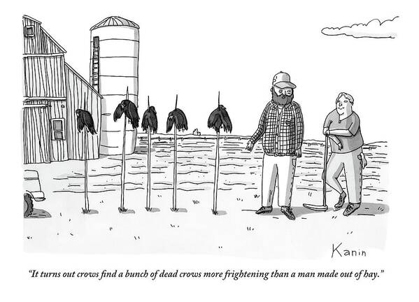 Two Farmers Stand Next Two Five Dead Crows On Sticks. Scarecrows Art Print featuring the drawing Two Farmers Stand Next Two Five Dead Crows by Zachary Kanin