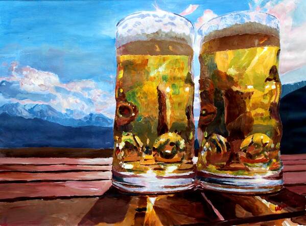 Beer Art Print featuring the painting Two Glasses of Beer with Mountains by M Bleichner