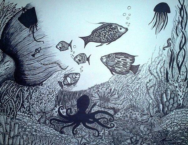Under water- Pen and Ink Art Print by Preetha Jayachandran - Fine