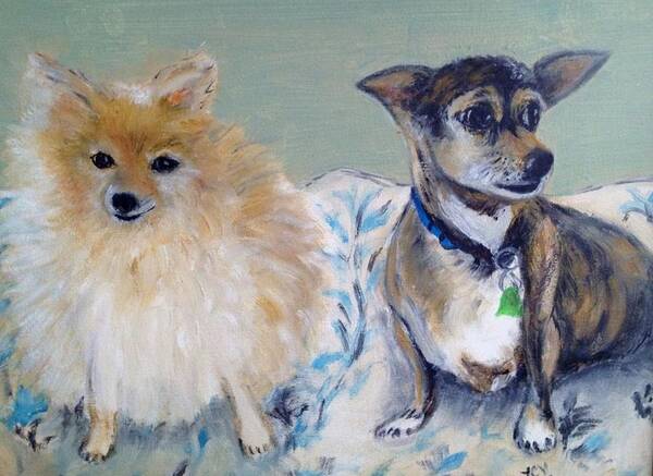 Pomerraian Min Pin Dogs Pets Art Print featuring the painting Vick's Dogs by Lucille Valentino