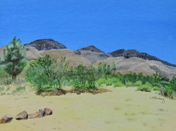 Mojave Art Print featuring the painting View from Sharon's house - Mojave by Linda Feinberg