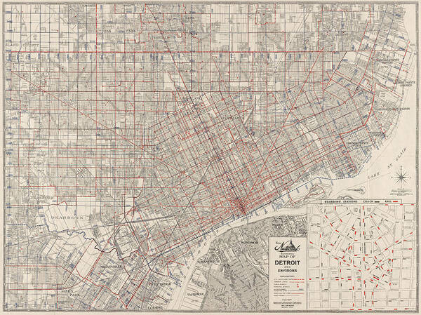 Detroit Art Print featuring the drawing Vintage Map of Detroit Michigan from 1947 by Blue Monocle