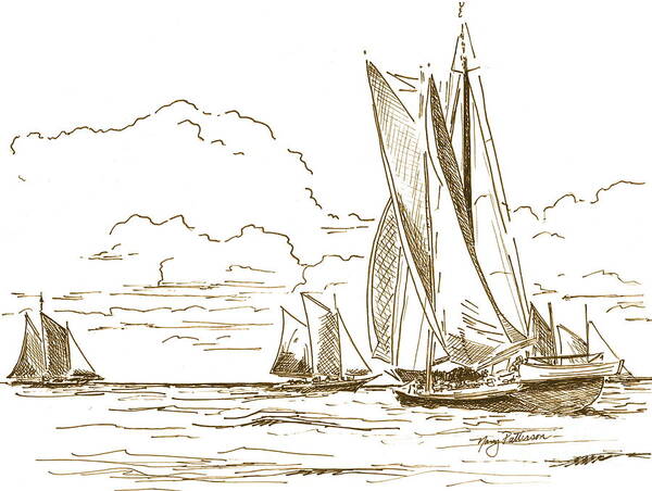 Oyster Schooners Art Print featuring the drawing Vintage Oyster Schooners by Nancy Patterson