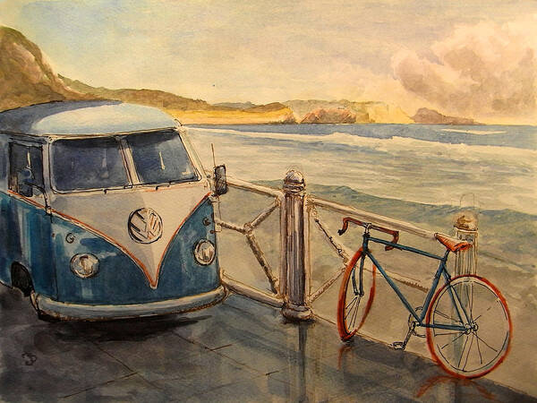 Volkswagen Art Print featuring the painting VW Westfalia surfer by Juan Bosco