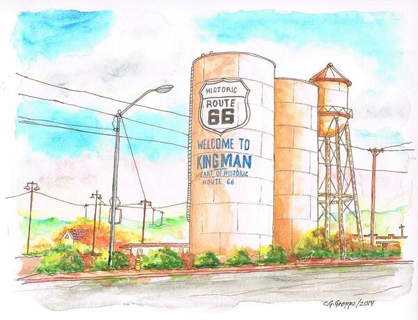 Route 66 Art Print featuring the painting Welcome To Kingman, Route 66, Andy Devine Ave., Kingman, Arizona by Carlos G Groppa